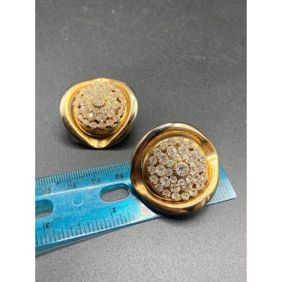 Big Statement Rhinestones Clip On Earrings Round Gold Tone Clear Prong Set Glass - Picture 6 of 6